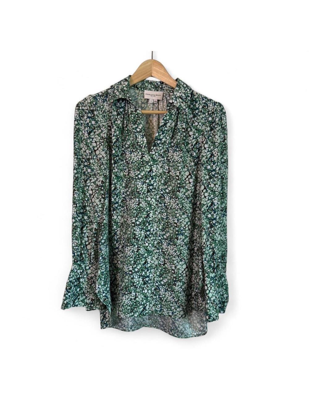Pristine Charlotte Brody New York Green and White Silk Print Blouse size S
